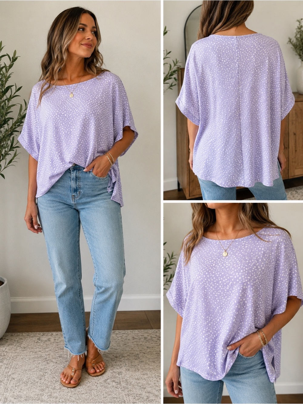 ODDI Women’s M/L Lavender White Abstract Print Oversized Dolman Top